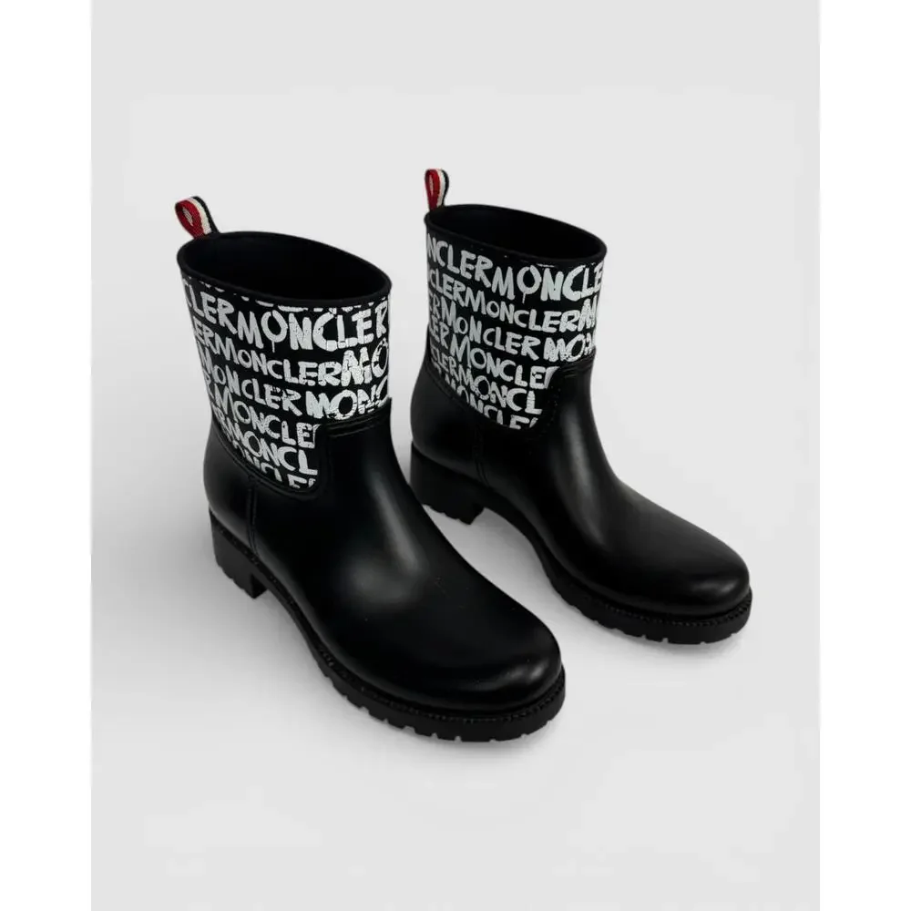 Moncler Black Rubber w White Graphic Mid-Calf Rain Boots